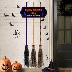 Porch Halloween Decorations - Halloween Broom Parking Sign with 3 Wooden Witches